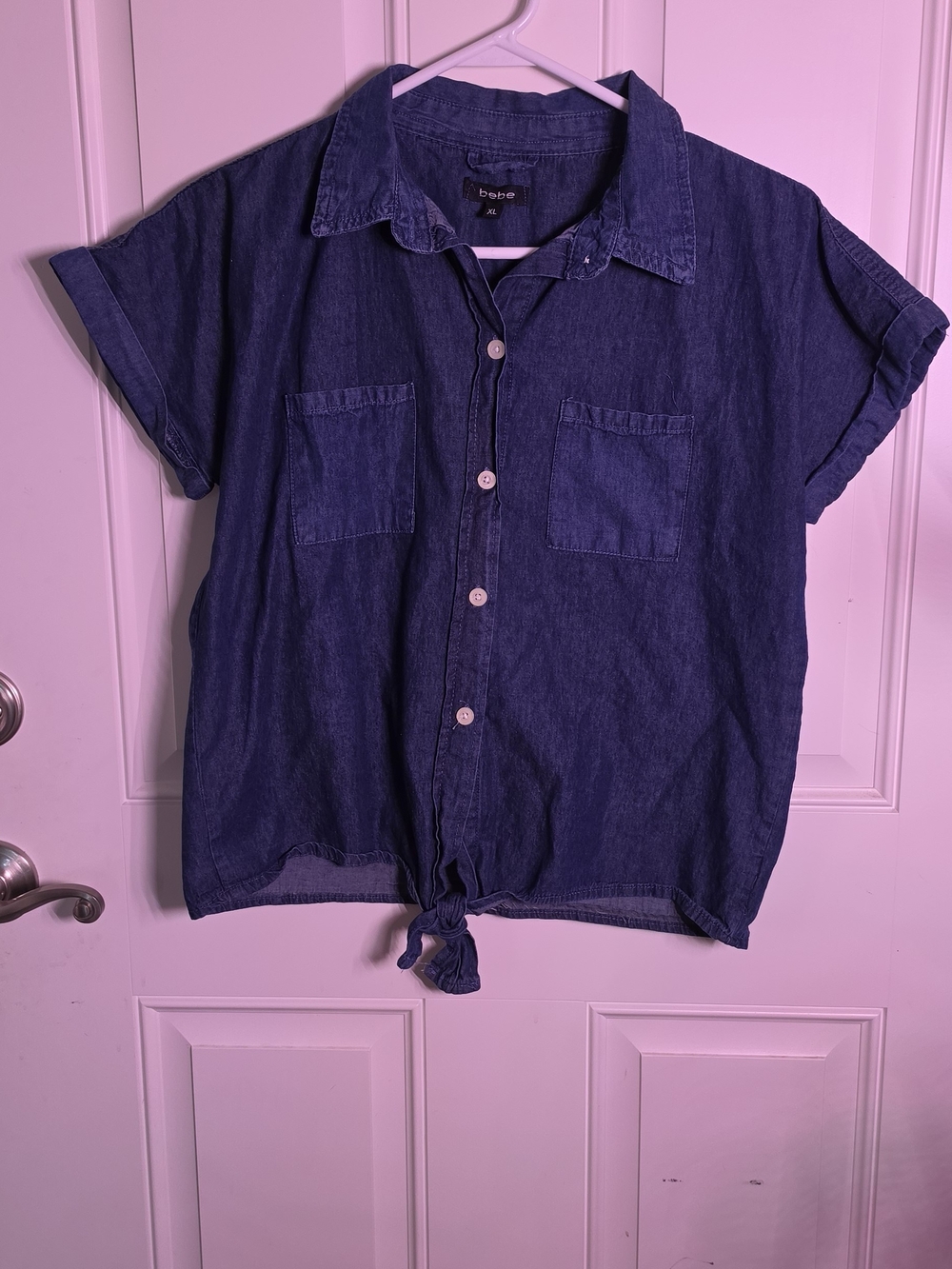 Bebe Denim Button-Front Tie Hem Top - Dark Blue Jean